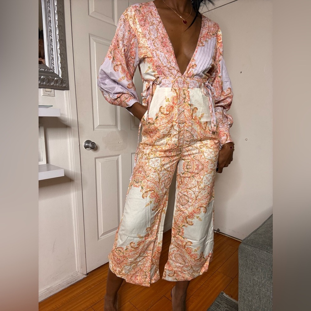 Free People Floral V-Neck Jumpsuit in Pink and Cream